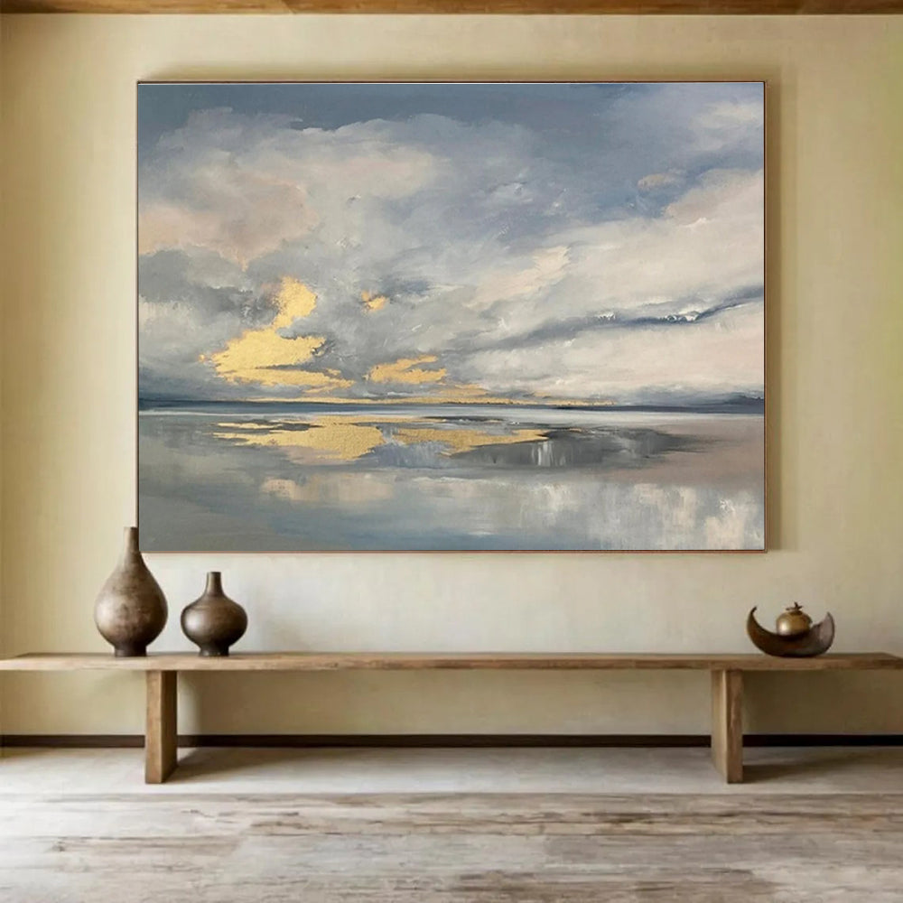 Dramatic Sky and Water Abstract Painting with Grey and Golden Hues THY255