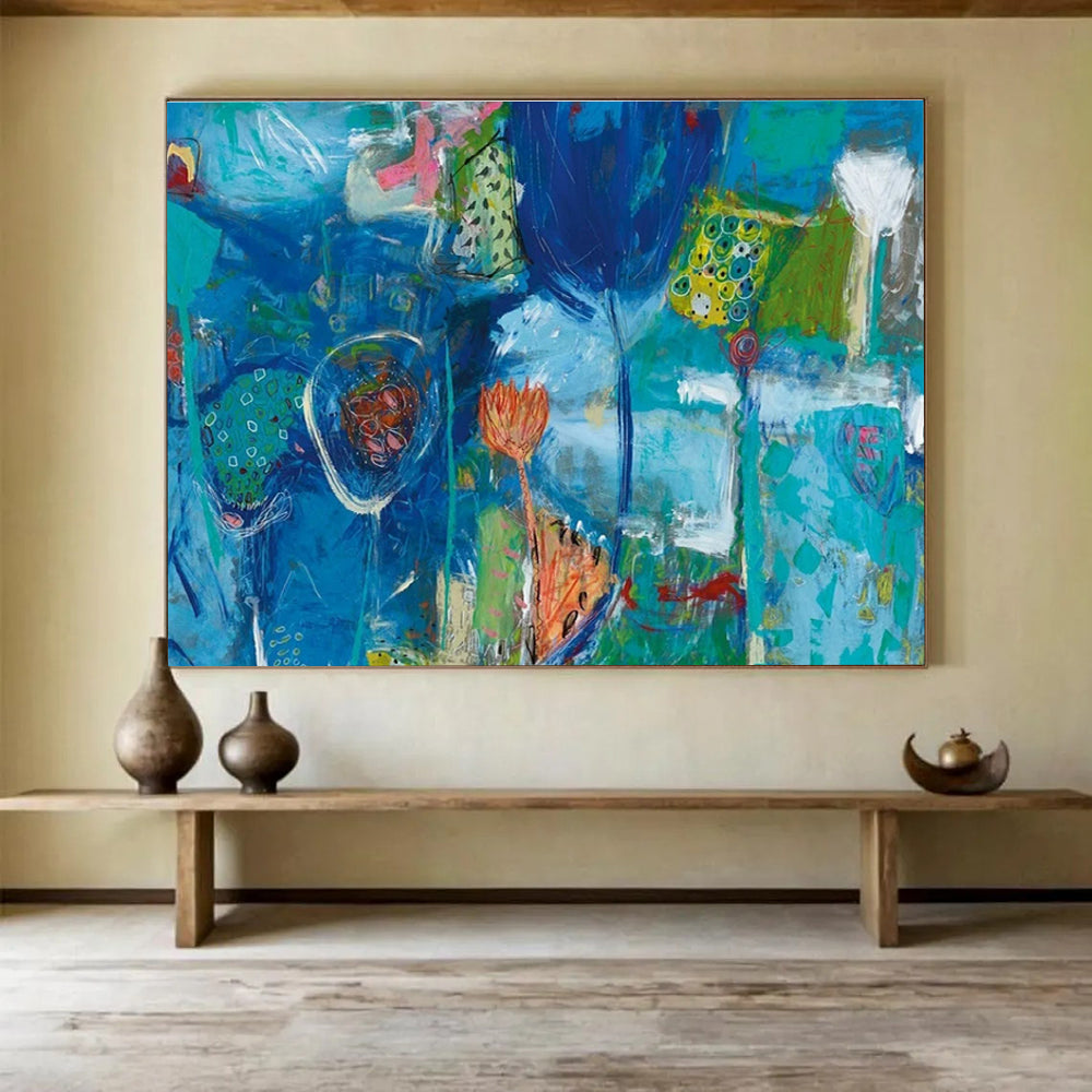 Blue Floral Abstract Fantasy Painting with Surreal Elements THY245