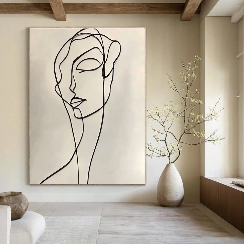 A large abstract drawing featuring a continuous line contour of a woman in elegant black ink on a white background, inspired by Henri Matisse.STSC1190