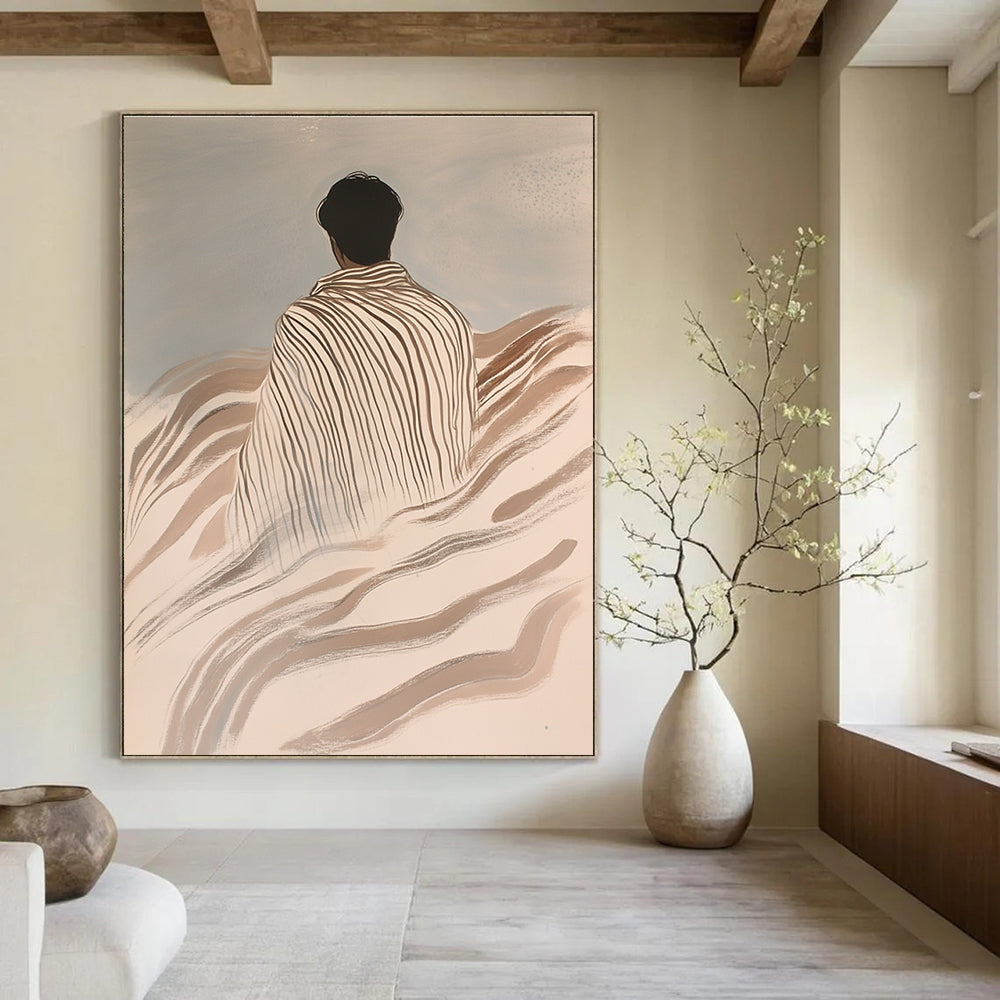 Abstract painting featuring an Asian man wrapped in striped blankets on waves with a light gray background in ink wash style.STSC1116