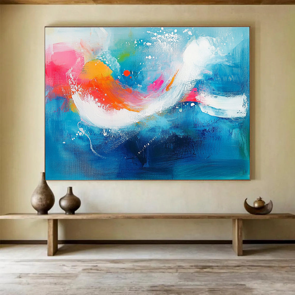 Large abstract painting of an underwater scene featuring vibrant aqua blue background with pink and orange accents and energetic white brushstrokes.SC308