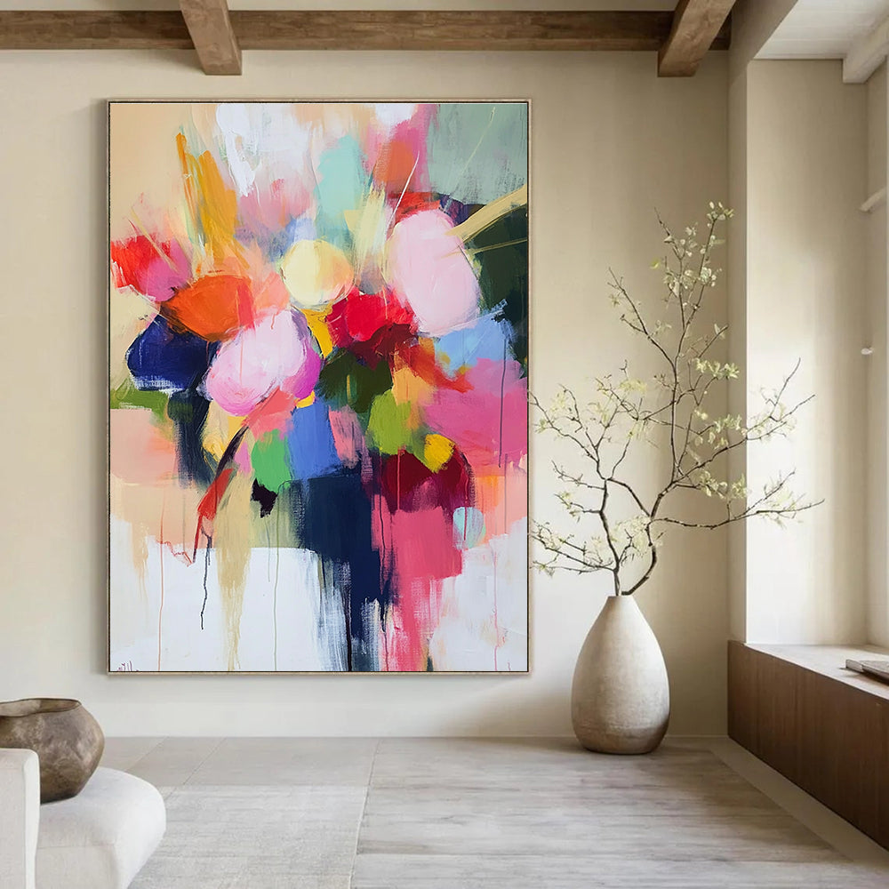 Large abstract painting with loose brush strokes in pastel colors featuring a vibrant floral vase and harmonious shapes conveying joy and optimism.STSC773