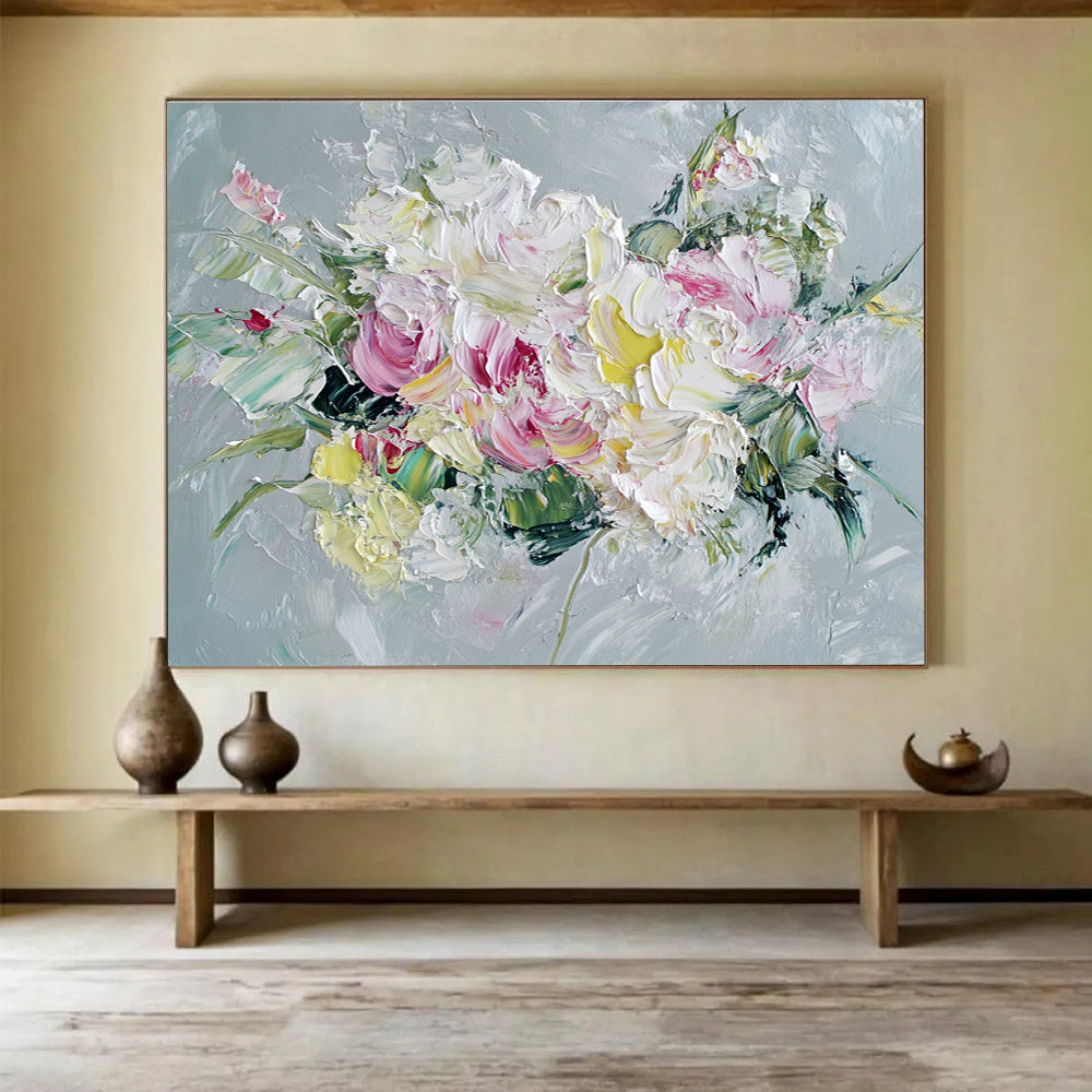 Textured Flower Bouquet Abstract Painting with Pink White and Green DYP284