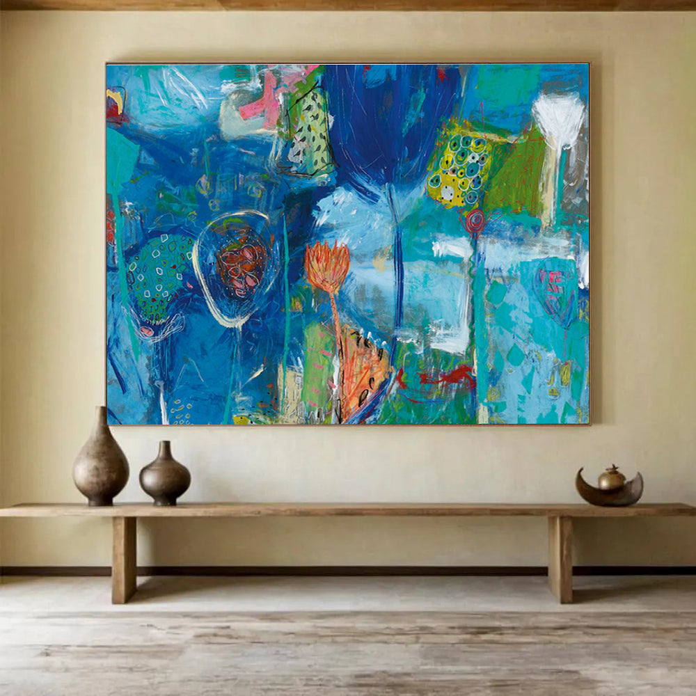 Blue Floral Abstract Painting with Colorful Accents THY234
