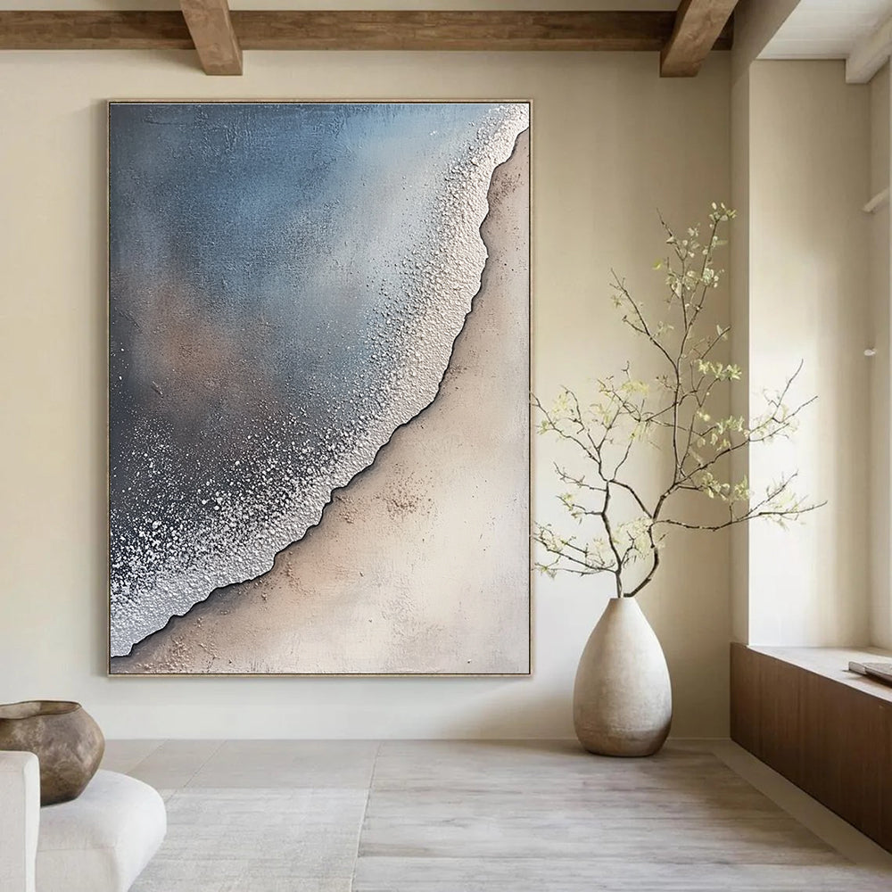 Large abstract painting of a sandy shore with gray and white textures silver dust fog creating a serene atmosphere with nature blending harmoniously.STSC256