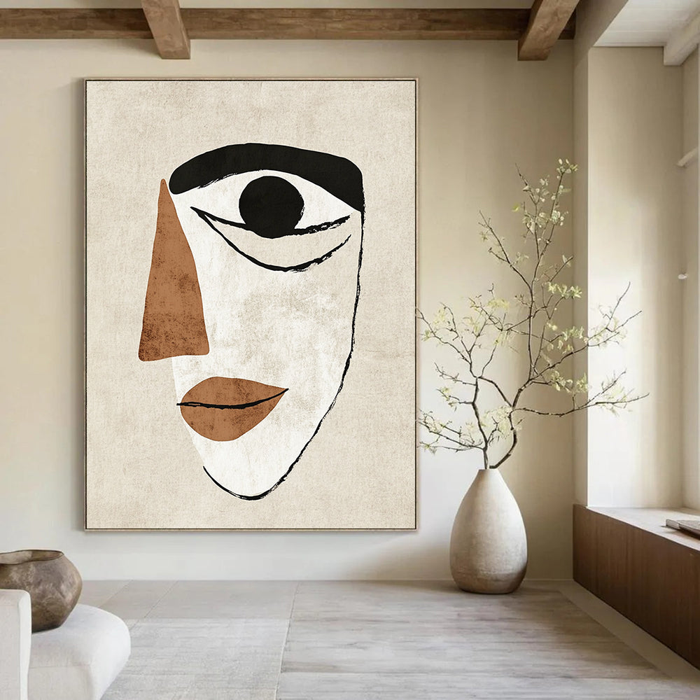 Large abstract illustration featuring a simple face with an eye and a nose in Matisse style on a textured beige background.STSC990