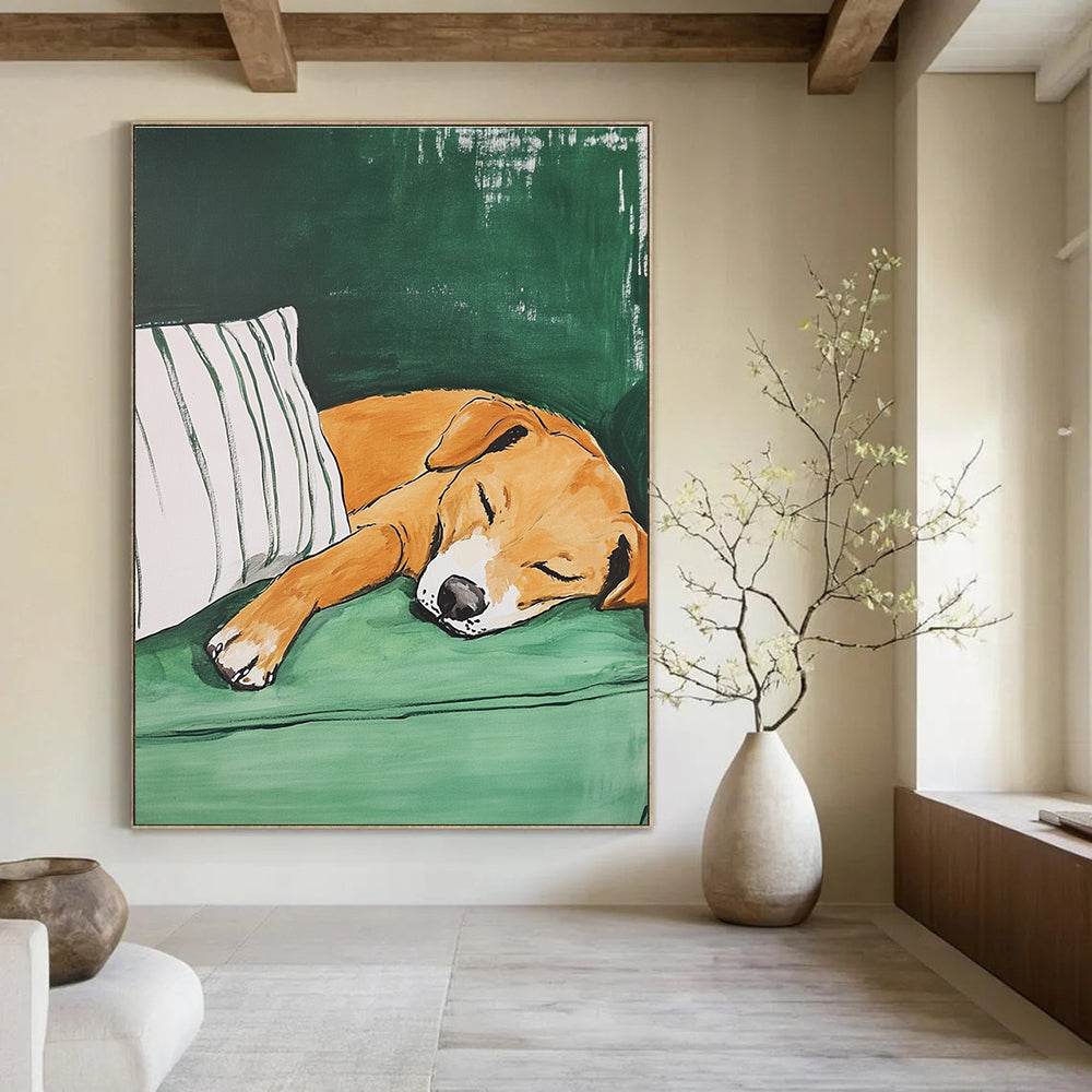 A large abstract painting featuring an amber dog sleeping on a green couch with a striped pillow showcasing visible brush strokes and textured effects.STSC1188