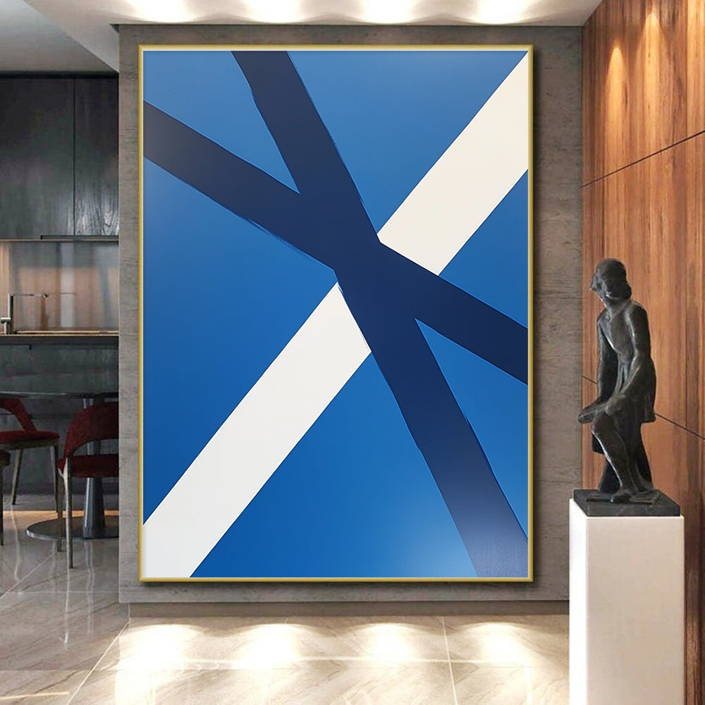 Blue and White Crossed Ribbons Abstract Painting with Clean Lines GER023