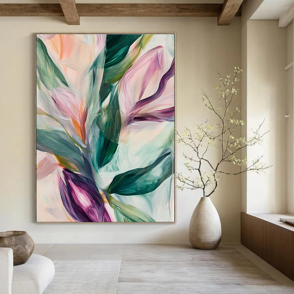 Large abstract painting featuring soft pastel leaves and flowers in neutral tones set against a blurred white background.STSC314