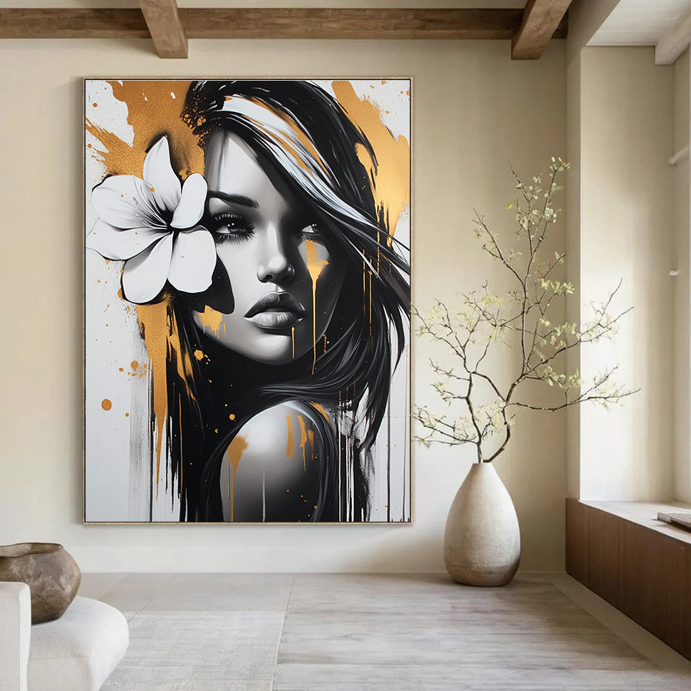A stunning abstract painting featuring a beautiful woman with a white flower in her hair adorned with gold and silver paint splatters in FyaBeats style.STSC904