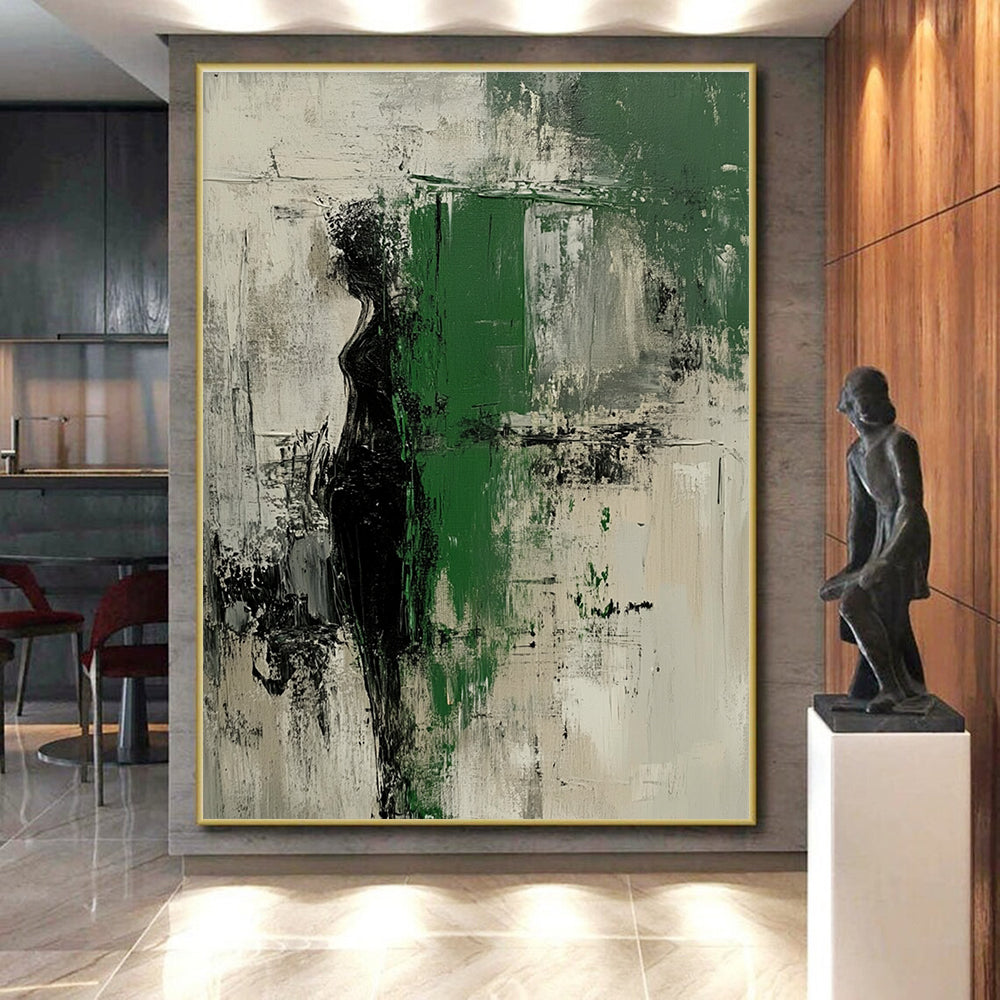 Black Green and Gray Abstract Painting with Enigmatic Forms GER526