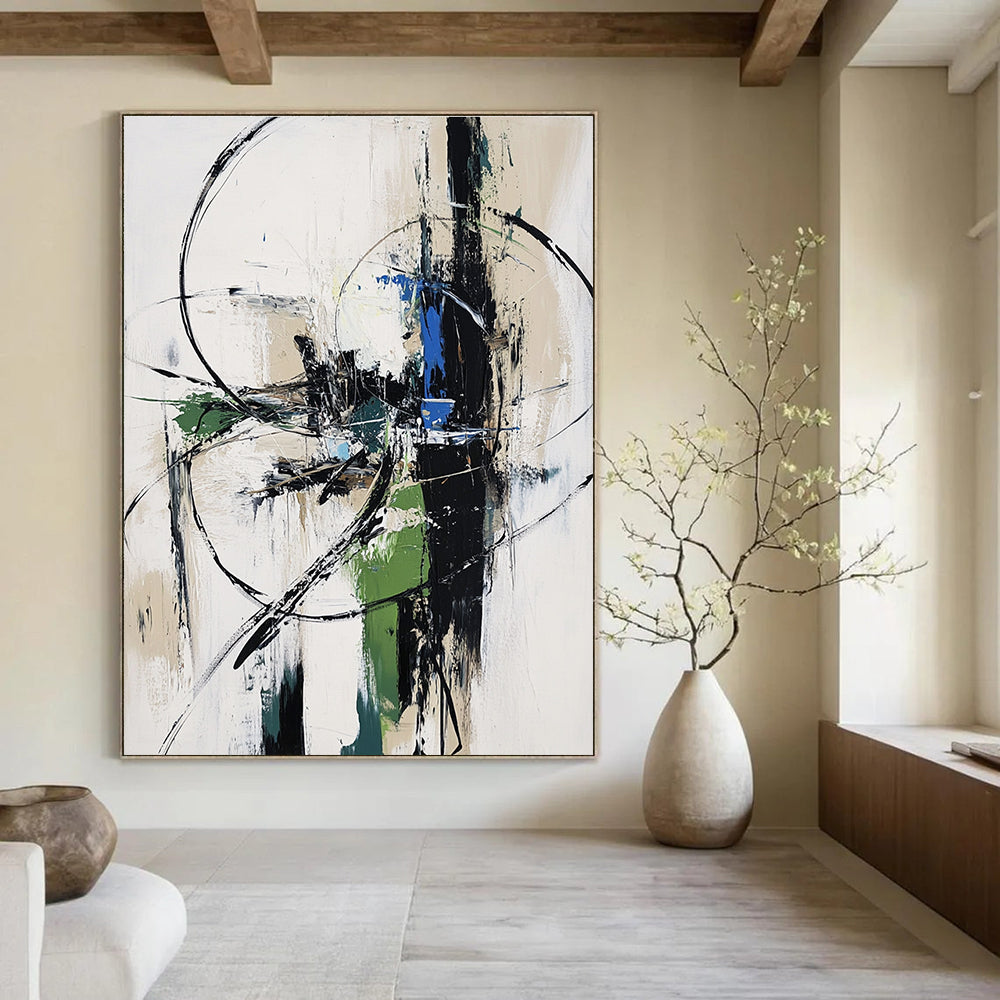 Large abstract painting in white gray and blue tones with a futuristic machine in an urban landscape conveying movement and speed.STSC827