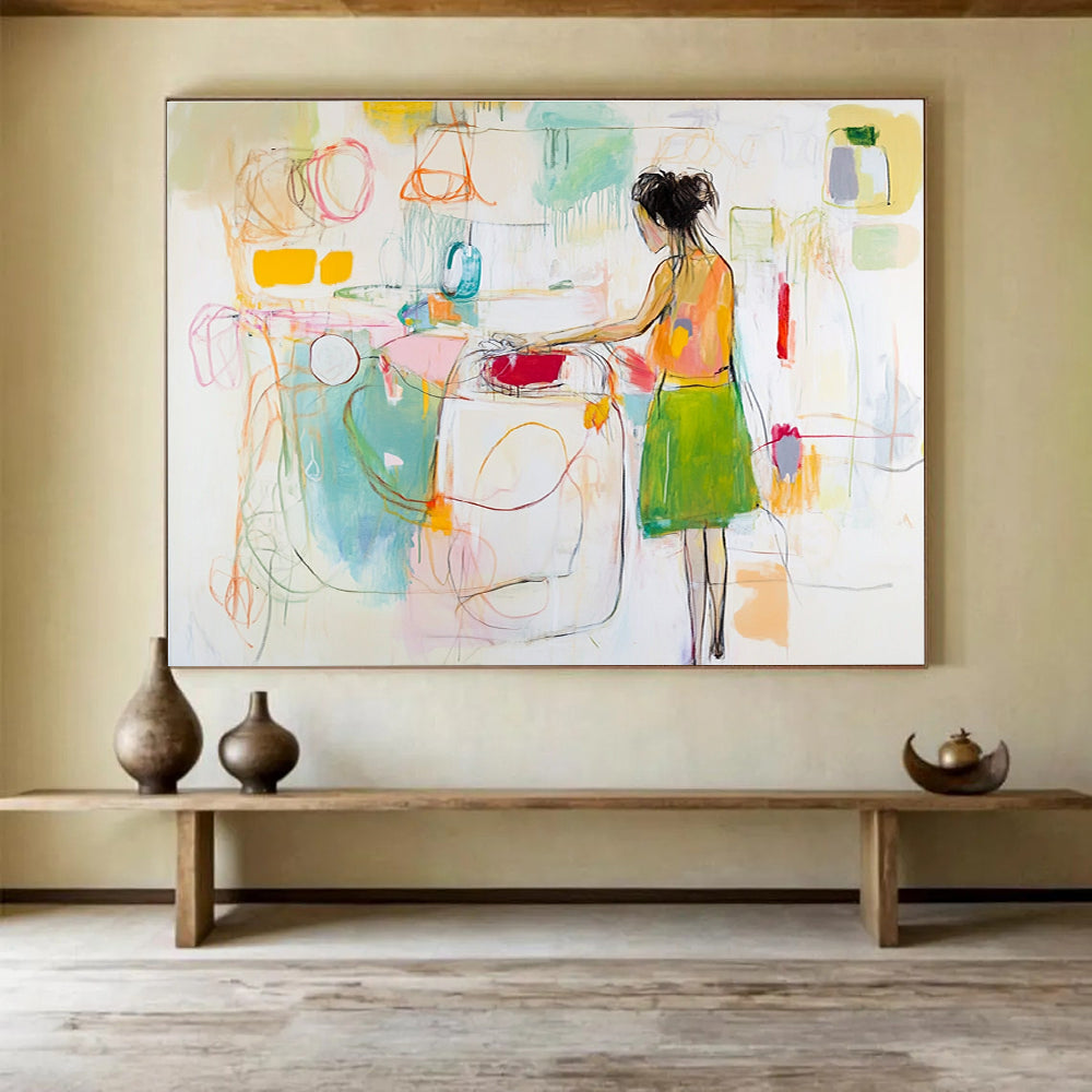 Large abstract painting of a woman doing laundry featuring loose gestural lines in white with vibrant yellow green red pink and blue accents.SC184