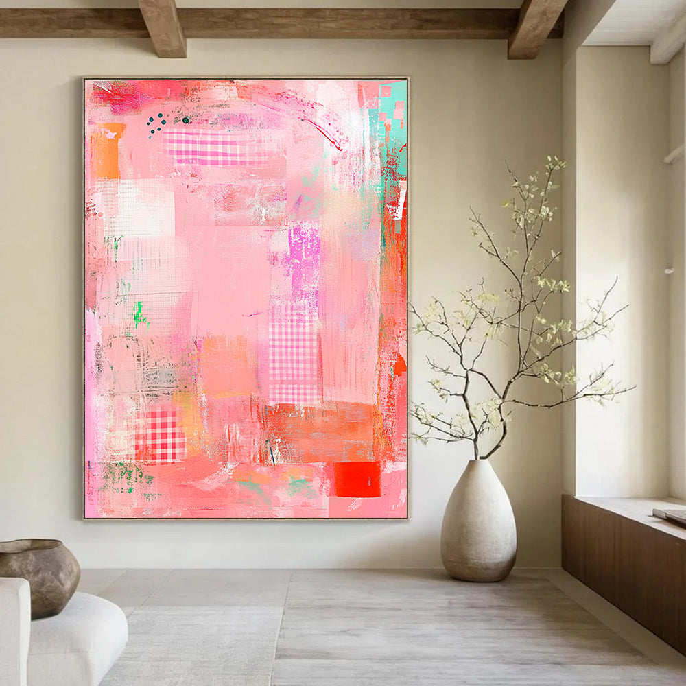 Large abstract painting featuring a pink background with whimsical patterns soft textures and a playful border creating a sense of artistic freedom.STSC830
