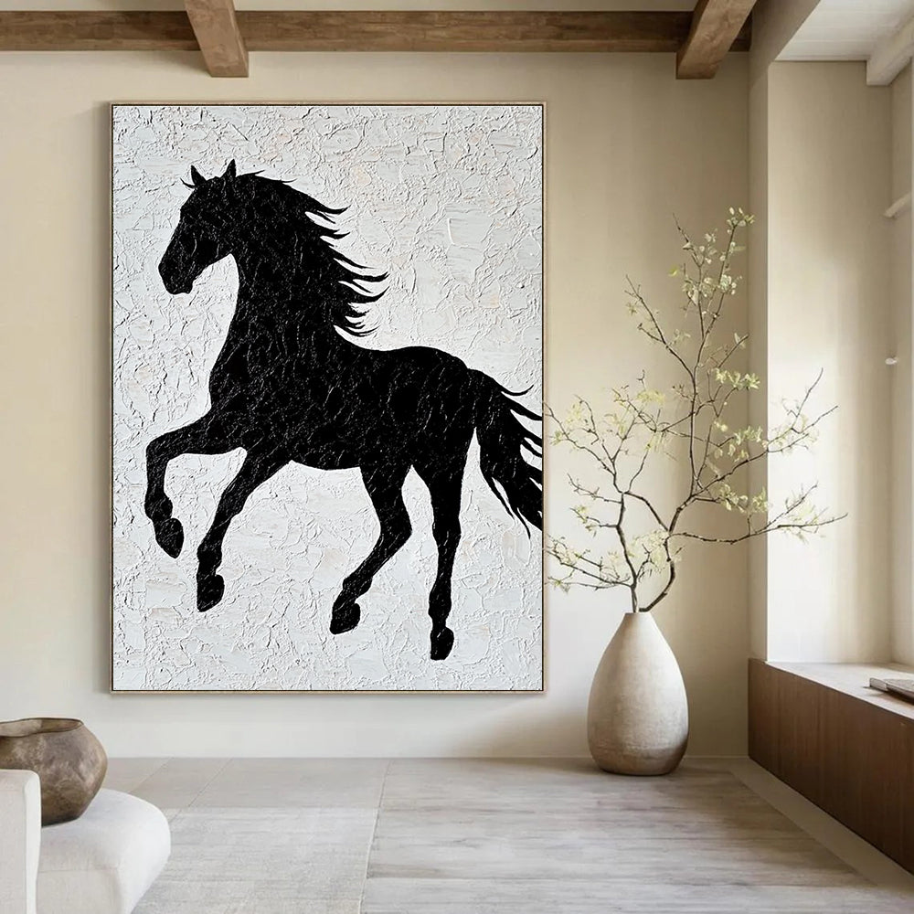 A large abstract artwork featuring a black horse silhouette on textured white paper with elegant lines and a minimalist design capturing graceful movement.STSC917