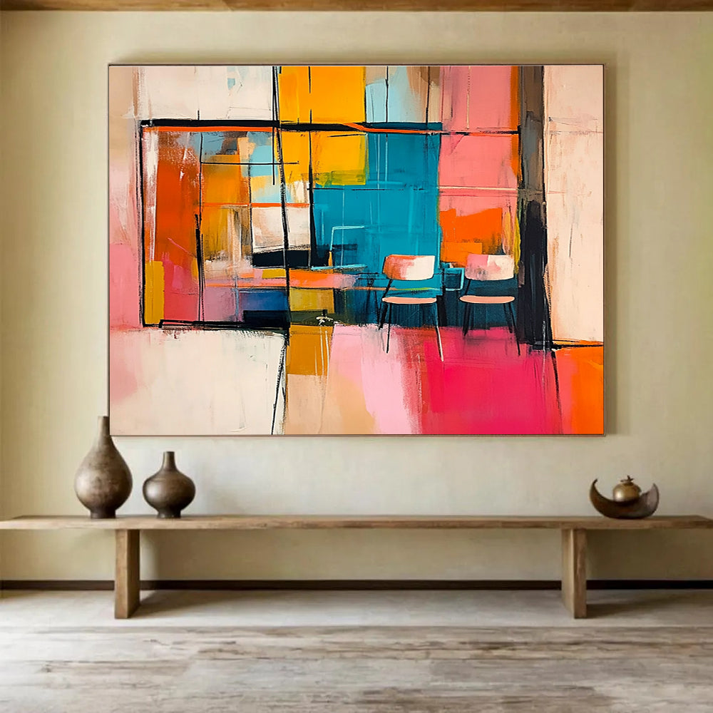 Large abstract painting featuring an interior with chairs and tables visible through a window in vibrant pink orange yellow and blue.SC336