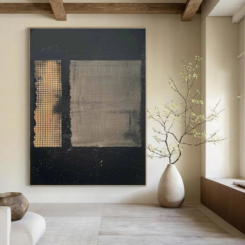 Black Abstract Painting with Dual Grid Patterns ADGE307