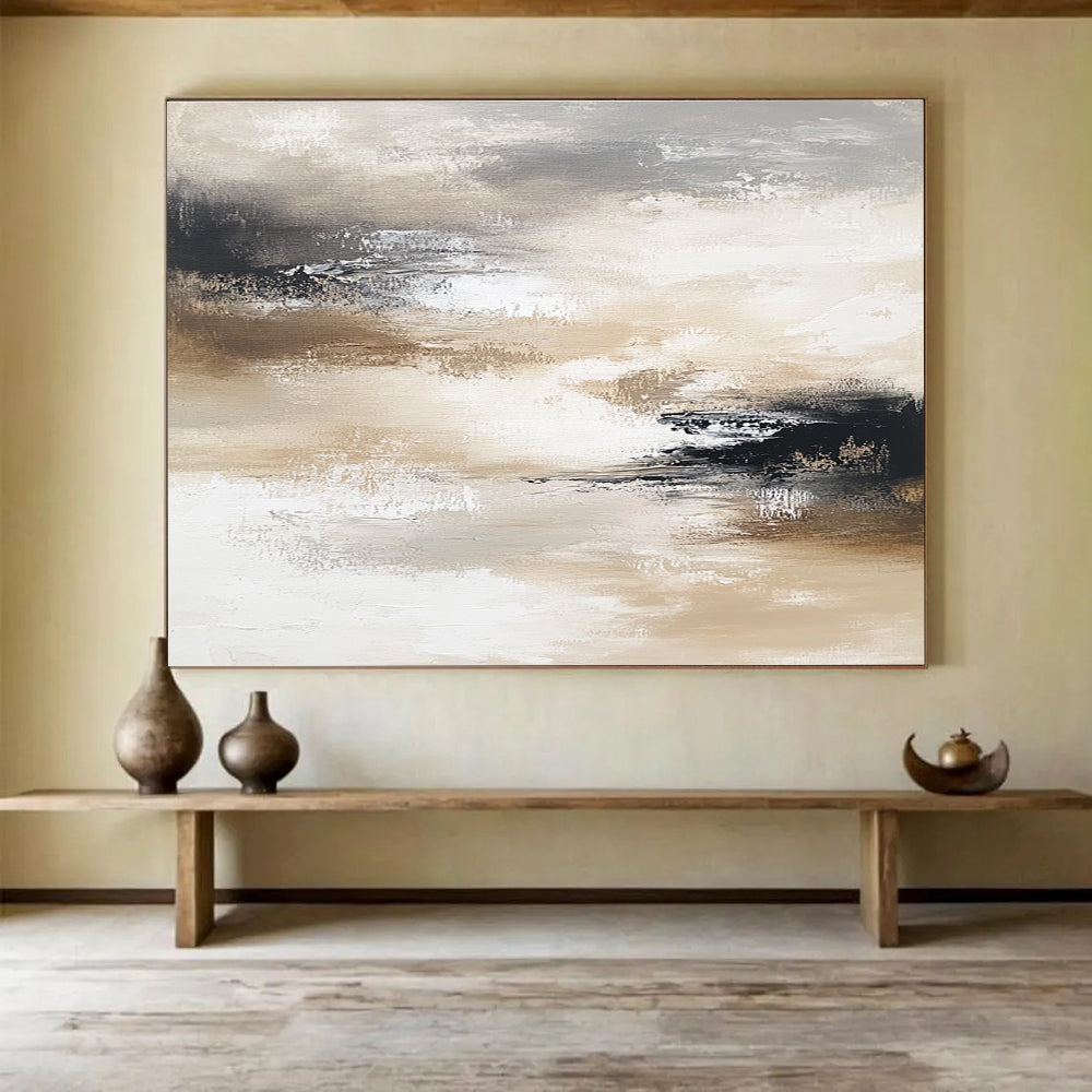 Large abstract painting in neutral tones evokes calmness with layers of soft grays browns beige whites and black creating movement and depth.SC246