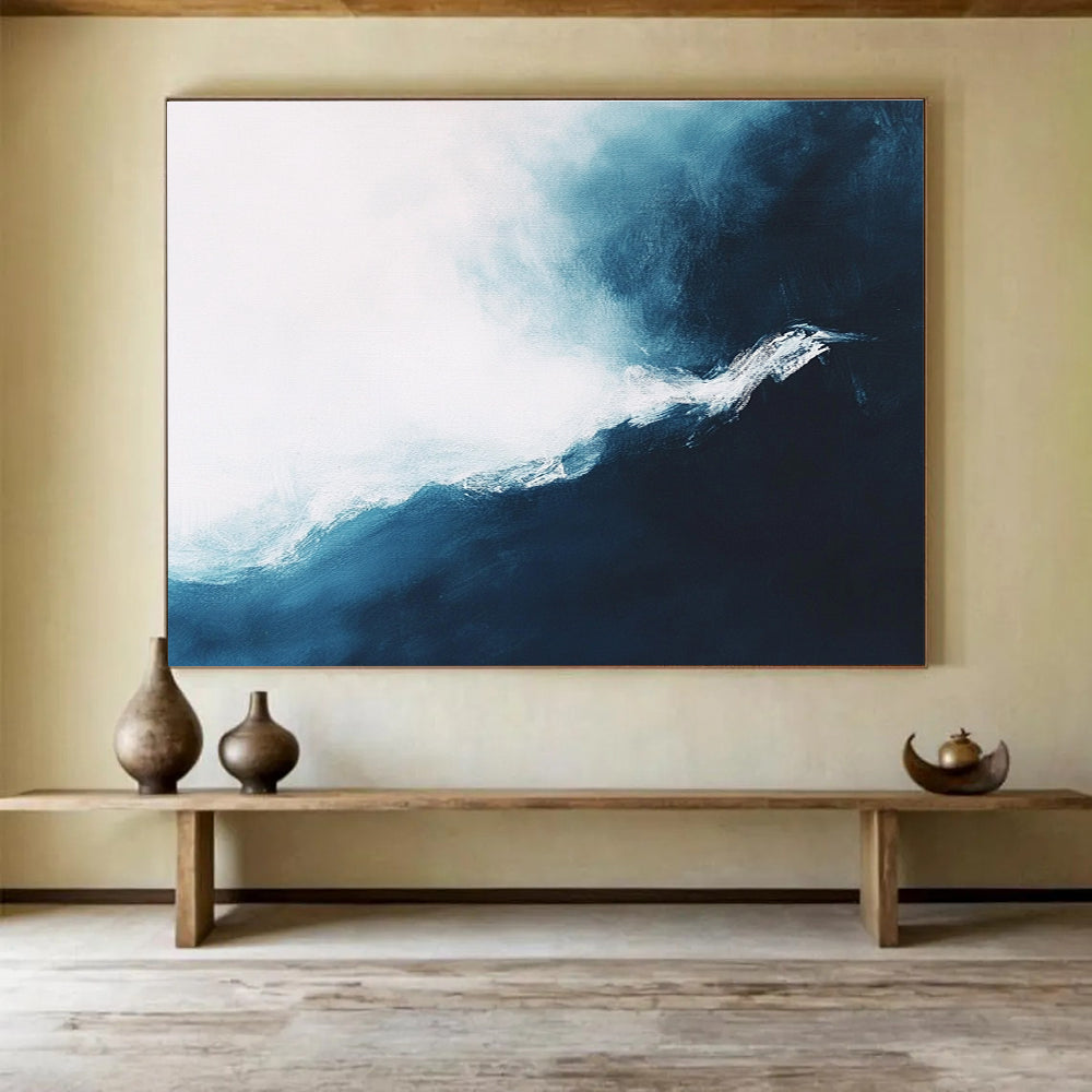 Blue and White Wave Abstract Painting with Dynamic Brushstrokes DYP338
