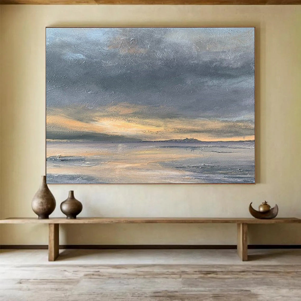 Grey Orange Sunset Sea Sky Abstract Painting THY022