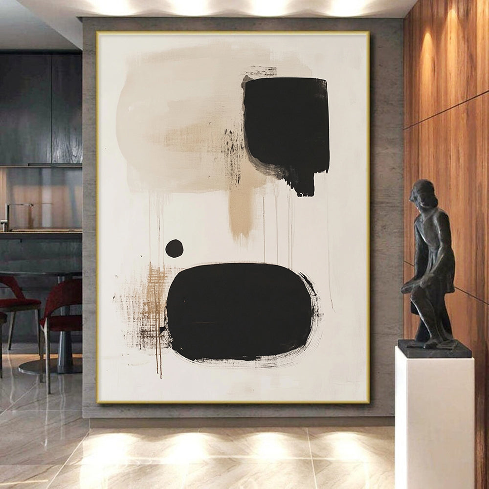 Black and Beige Drip Abstract Painting with Spontaneous Forms GER173