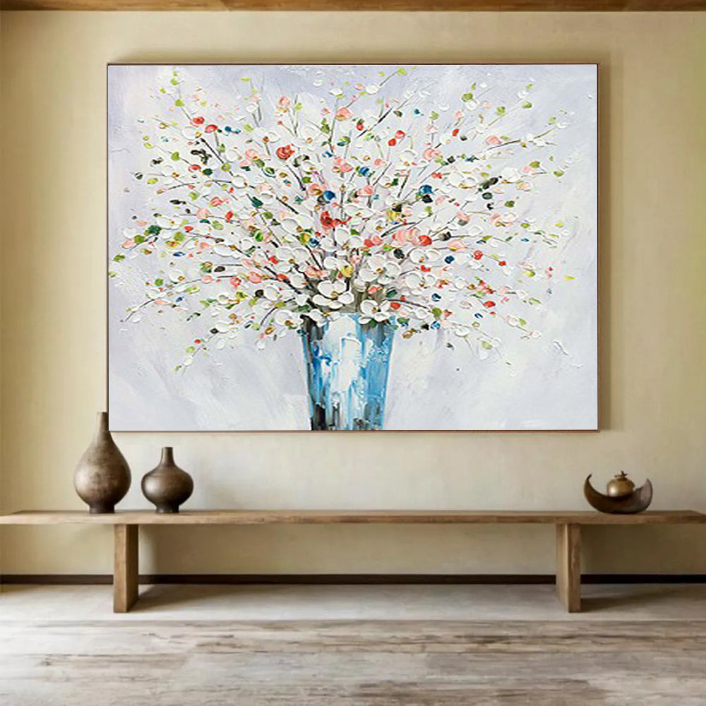 White Flower Vase Abstract Painting with Colorful Accents THY220