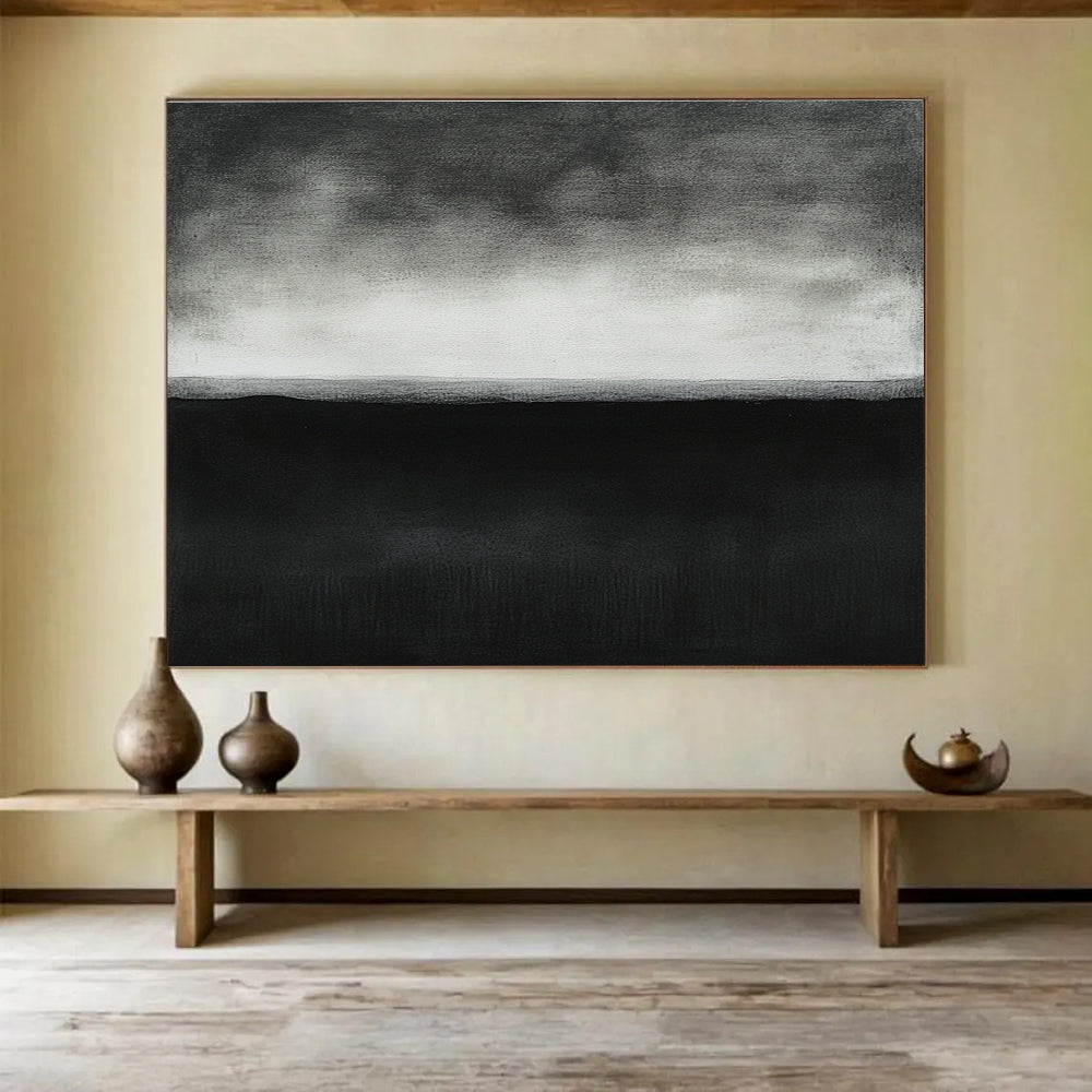 A large abstract painting featuring a dark gray horizon line with white accents, showcasing minimalism and serene elegance in high detail.SC500