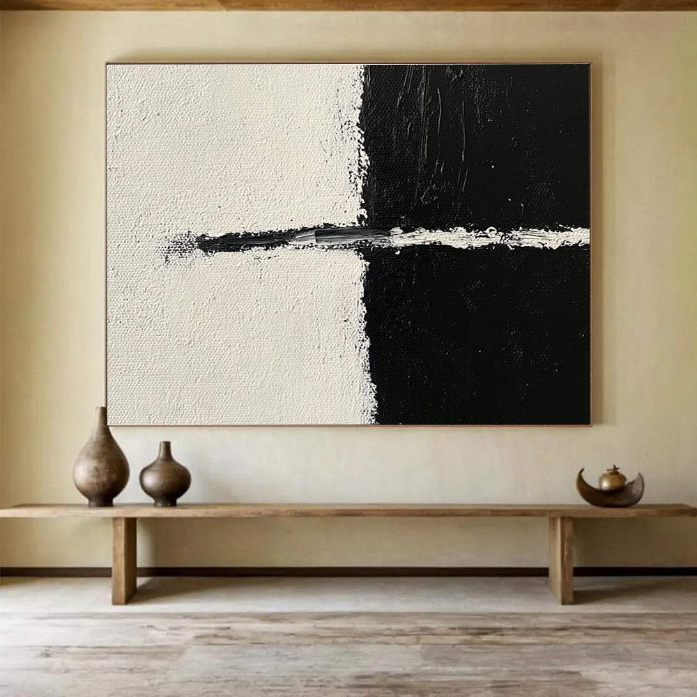Large abstract painting in black and white featuring simple lines with an arc and bold brush strokes in the upper left corner.SC141