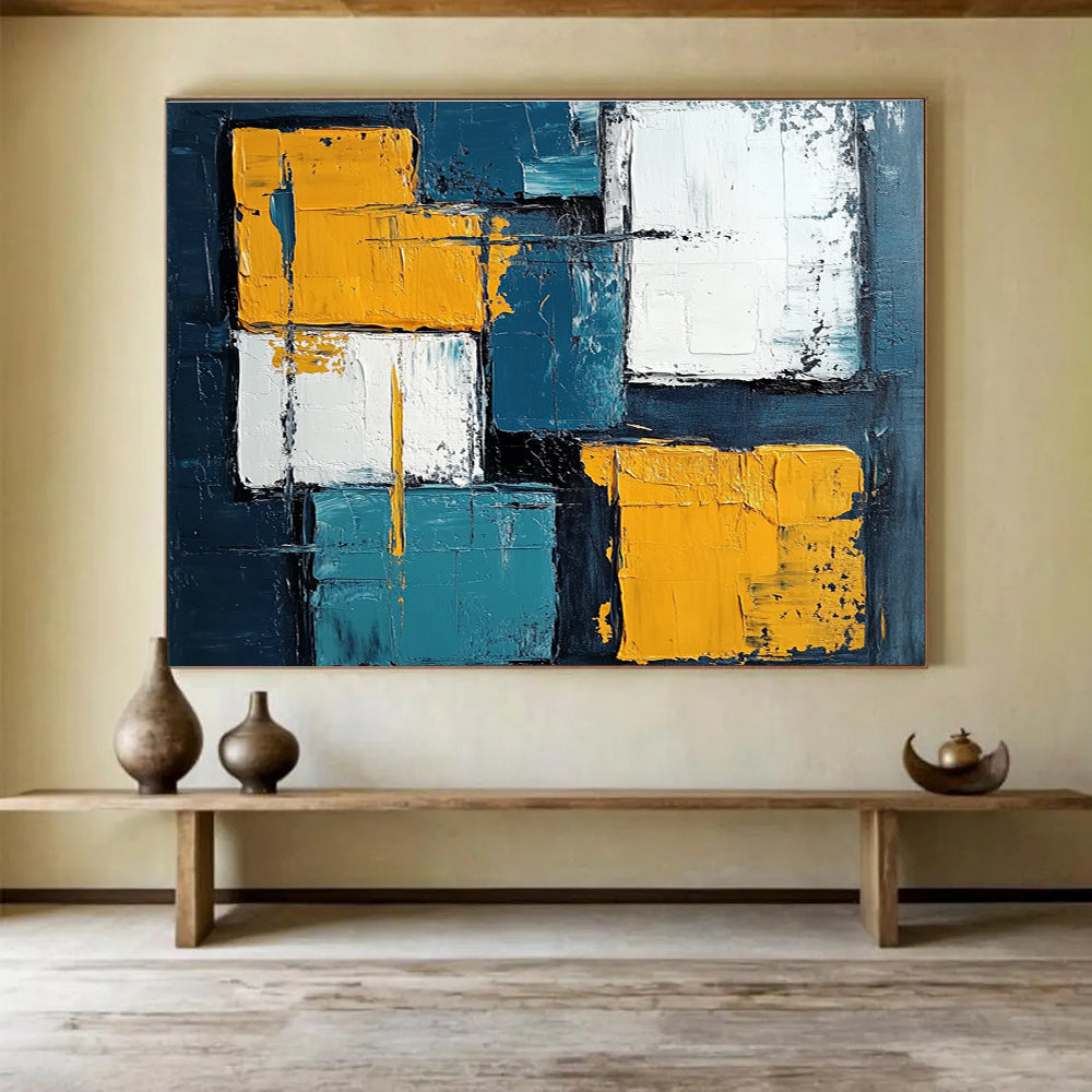 Geometric Abstract Painting with Blue Yellow and White Blocks DYP281