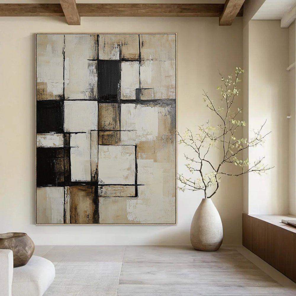 Large abstract painting of textured white and beige squares featuring black accents in a deconstructed minimalist style inspired by Peter Coller.STSC716