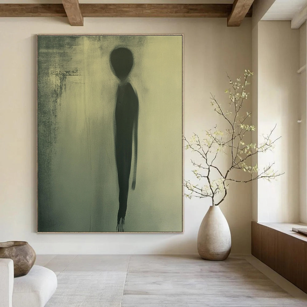 Large abstract painting featuring a faint oval silhouette in muted green tones creating an atmosphere of mystery and intrigue.STSC992