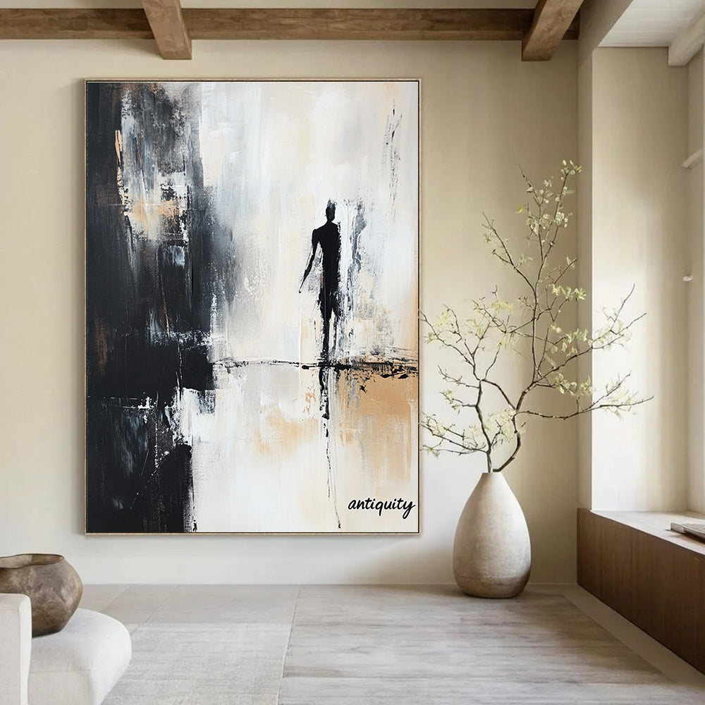 Large abstract painting featuring the text nostalgia in black white and gray tones with a shadowy figure and antiquity in the corner.STSC709
