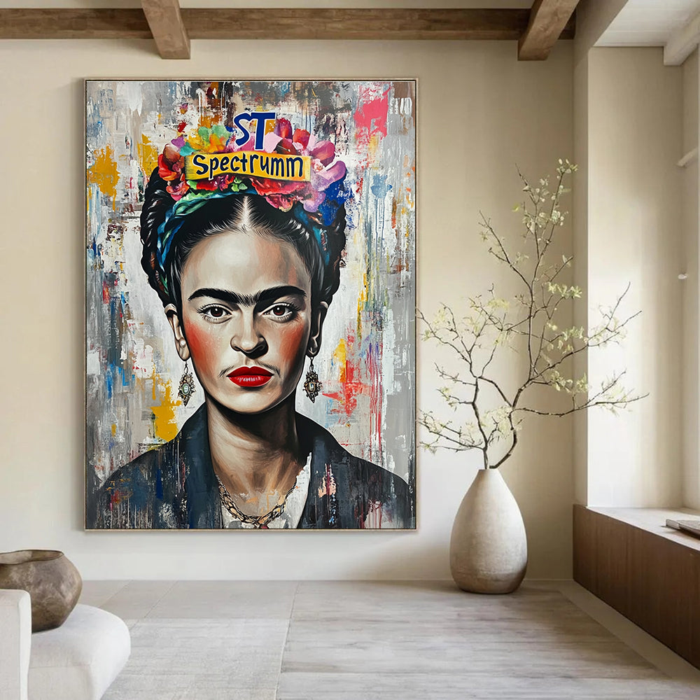 A large abstract painting featuring Frida Kahlo with graffiti-style elements bright colors and intricate details capturing vibrant pop culture inspirations.STSC1128
