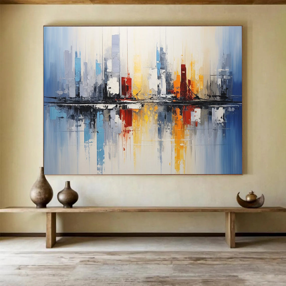 Cityscape Reflection Abstract Painting with Blue, Red, and Yellow Tones THY170