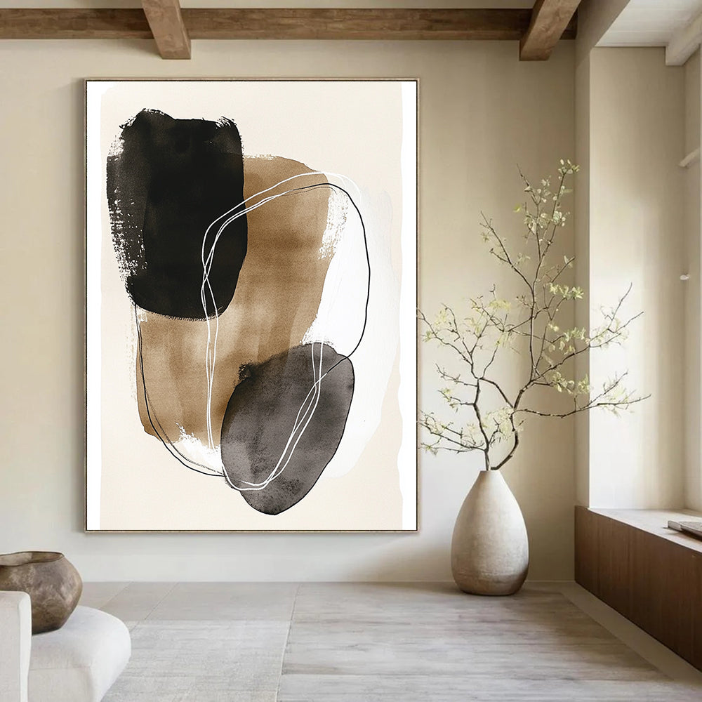 Large abstract art featuring minimal line art with dark gray and beige shapes outlined in white on a beige paper background.STSC1459