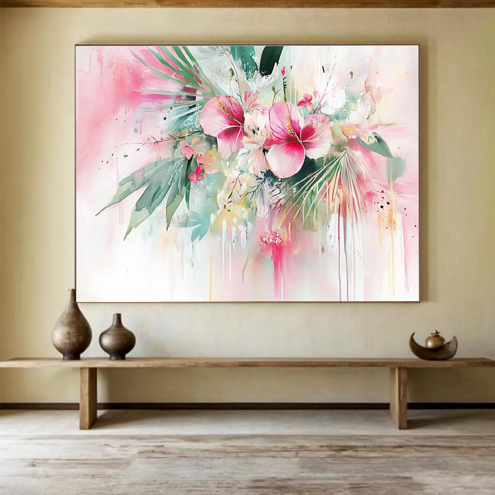 Pink Floral Abstract Painting with Watercolor Drips DYP449