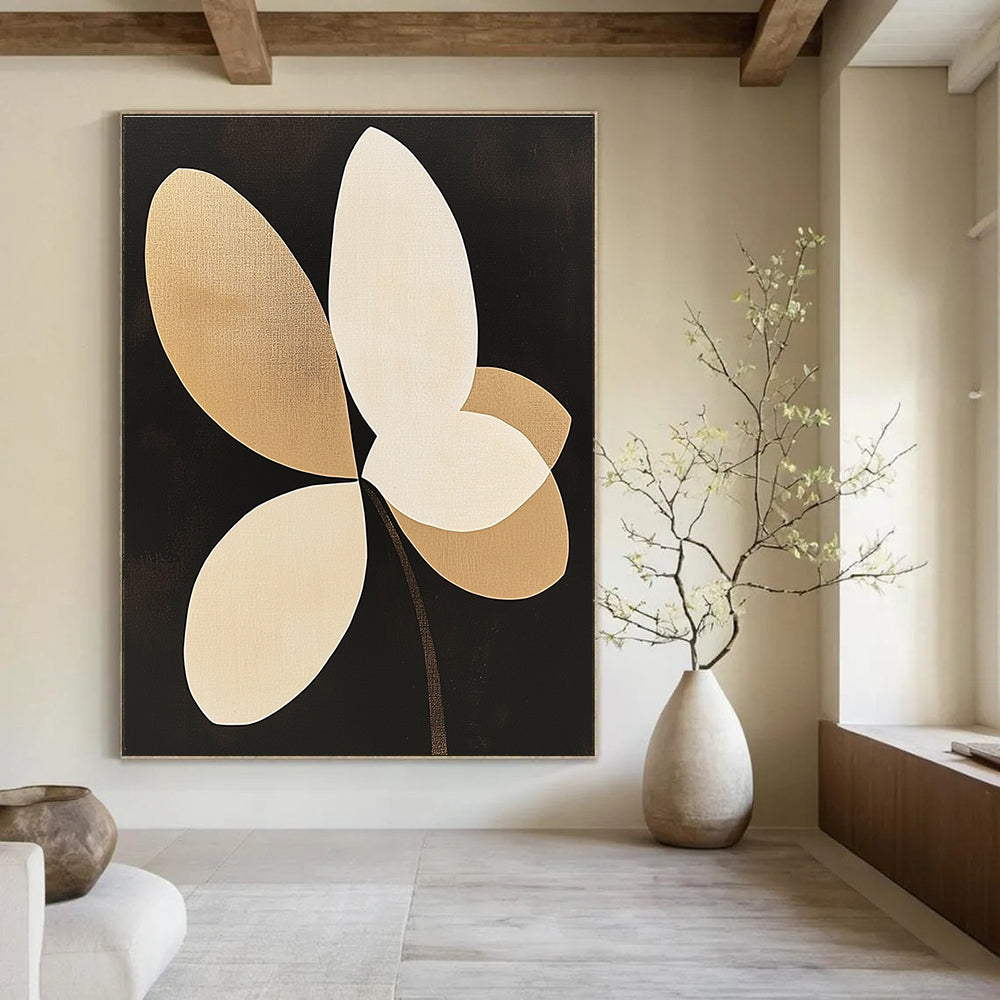 Large Abstract Painting Featuring Beige and White Orchid Petal Shapes on a Black Background with Minimalist Design and Clean Lines.STSC1144