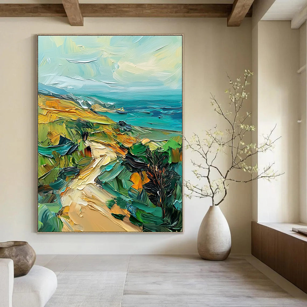 Large abstract painting featuring green hills and teal sea using palette knife technique on canvas with rich texture and vibrant colors.STSC082