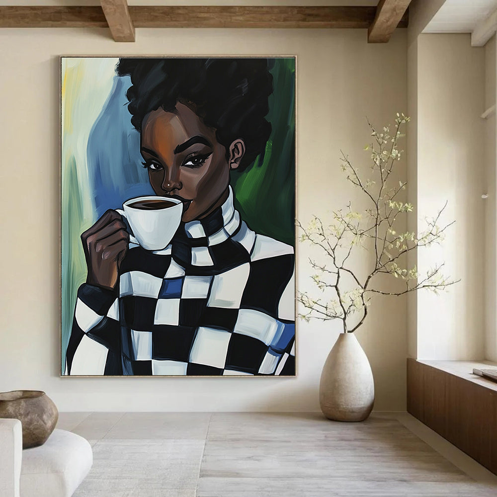 An abstract oil painting featuring a Black woman in a checkered turtleneck enjoying coffee, radiating warmth and style.STSC919