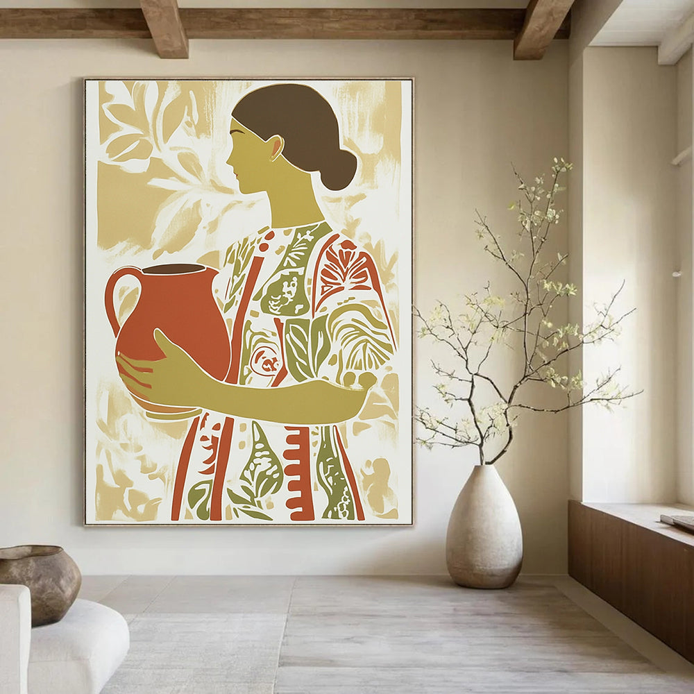 Abstract artwork featuring a woman with an earthenware jug in a patterned dress with green and red stripes in a flat color palette.STSC1417