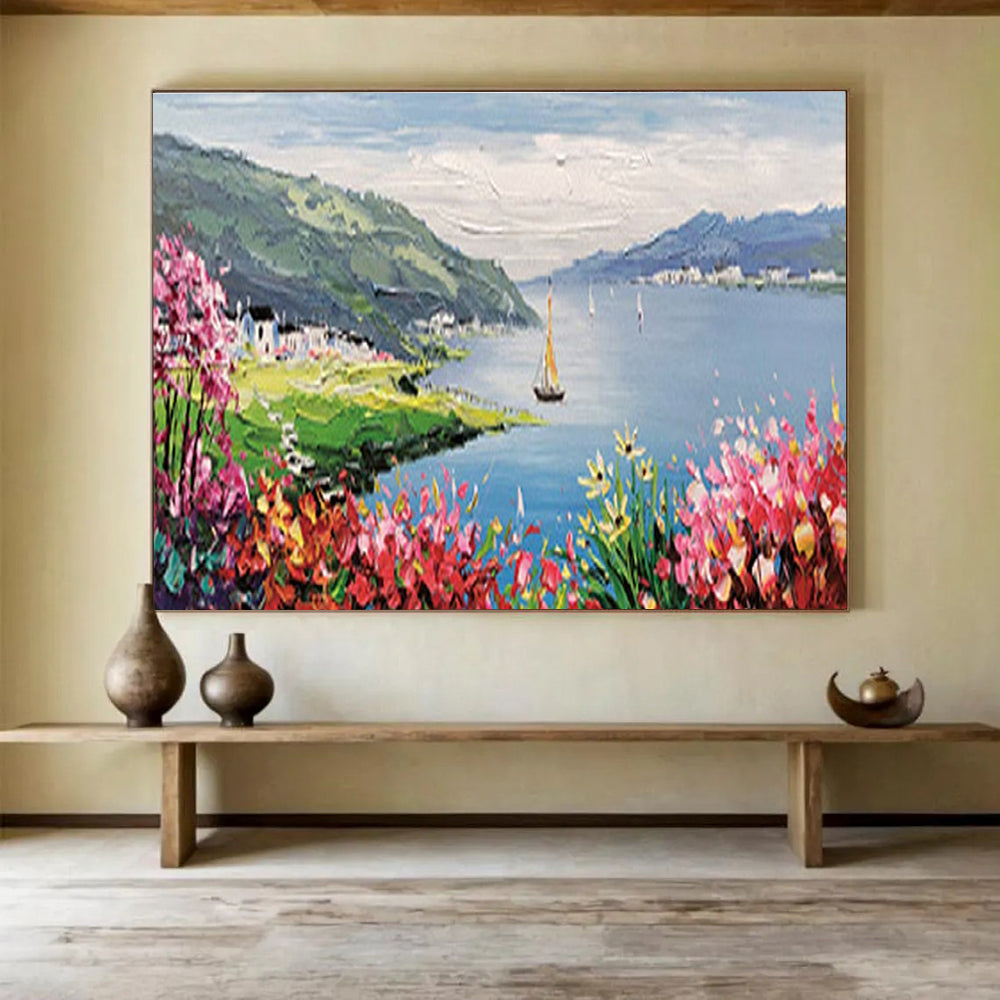 Lakeside Village Abstract Painting with Blue, Green, and Pink Tones THY209