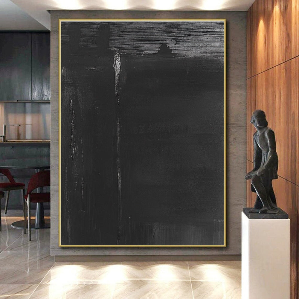 Black Abstract Painting with Subtle White Accent Lines GER008