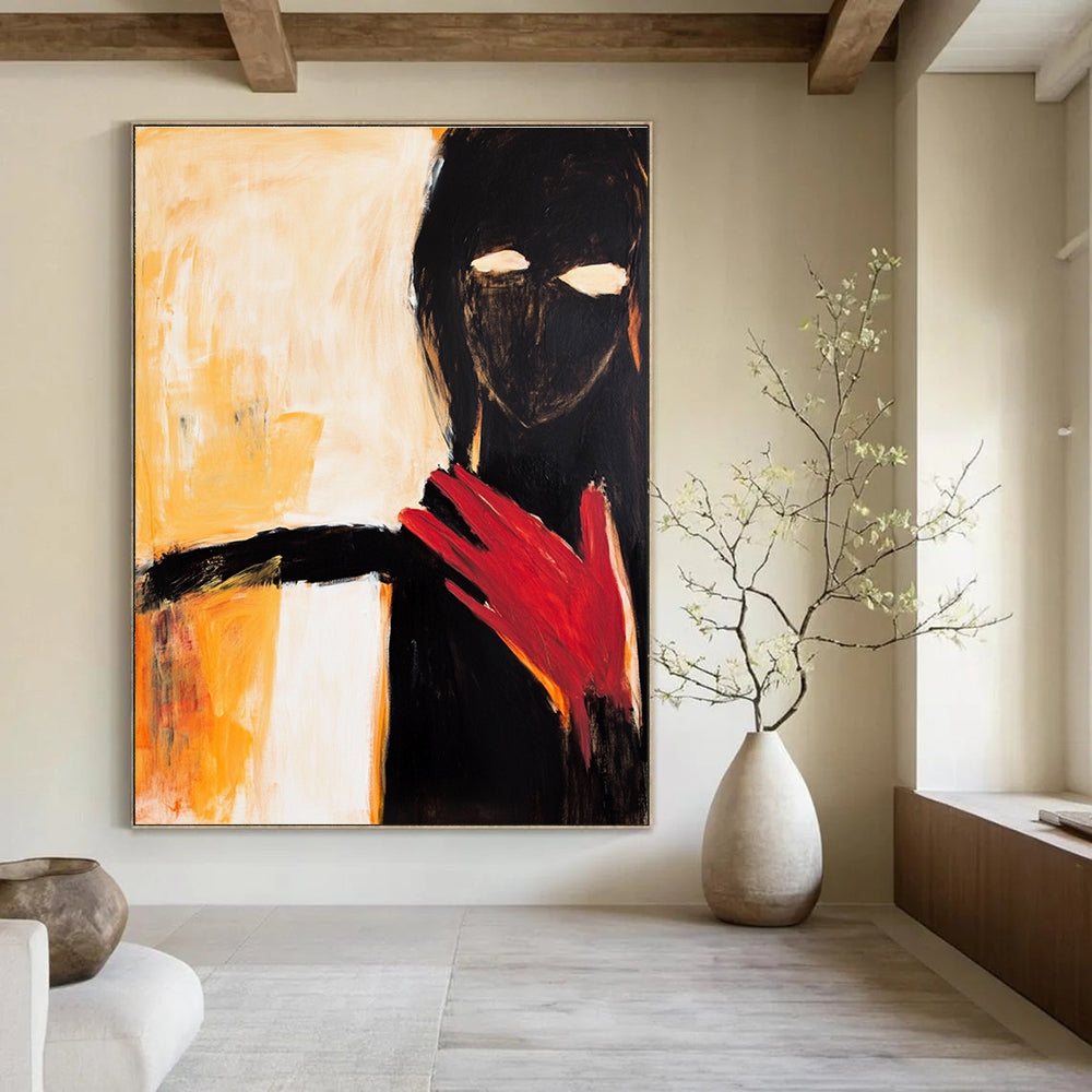 Large abstract painting of an elegant woman in black and white with a striking red hand and warm shades of yellow and orange.STSC640