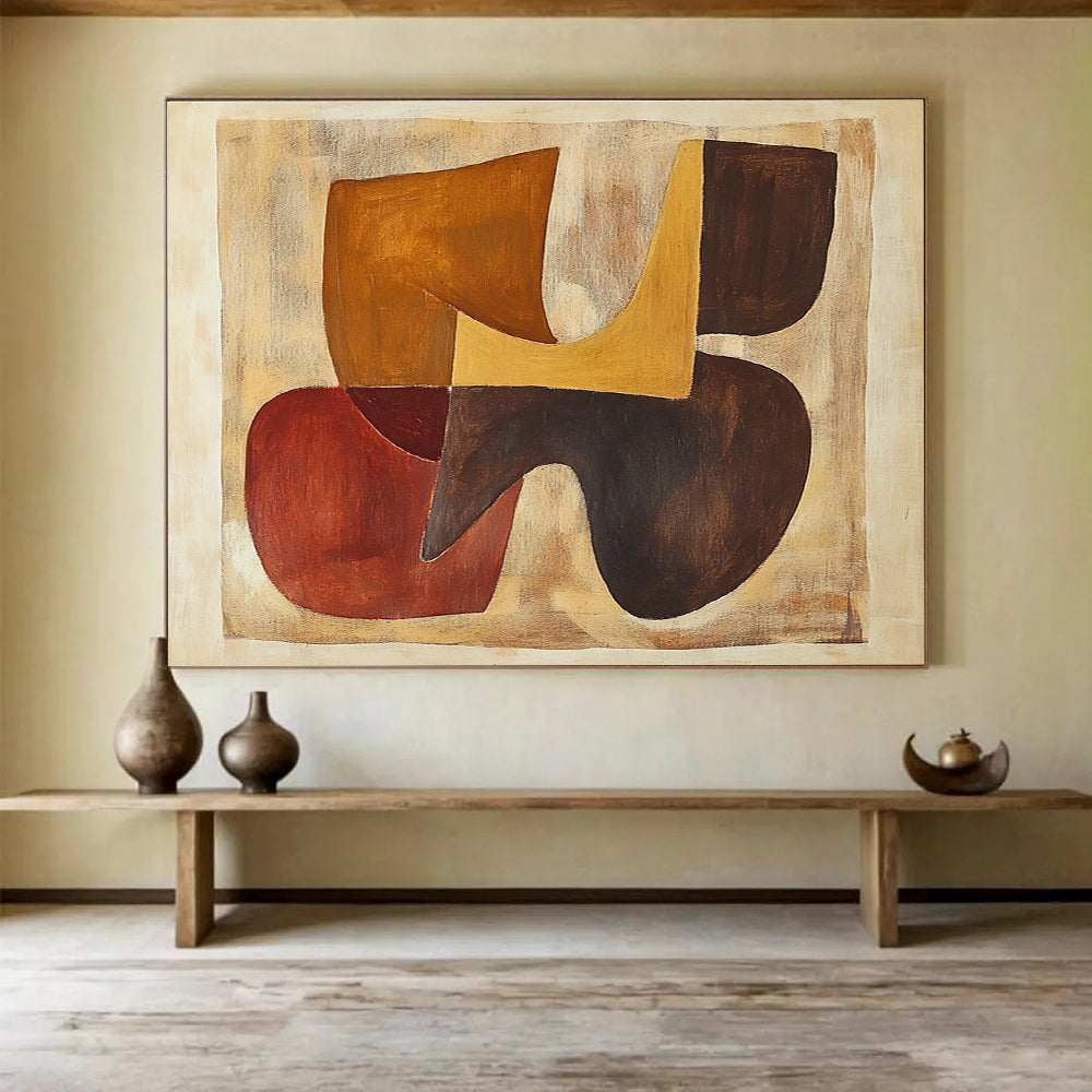 Large abstract painting inspired by Jean Arp featuring organic shapes in earthy browns and oranges.SC514