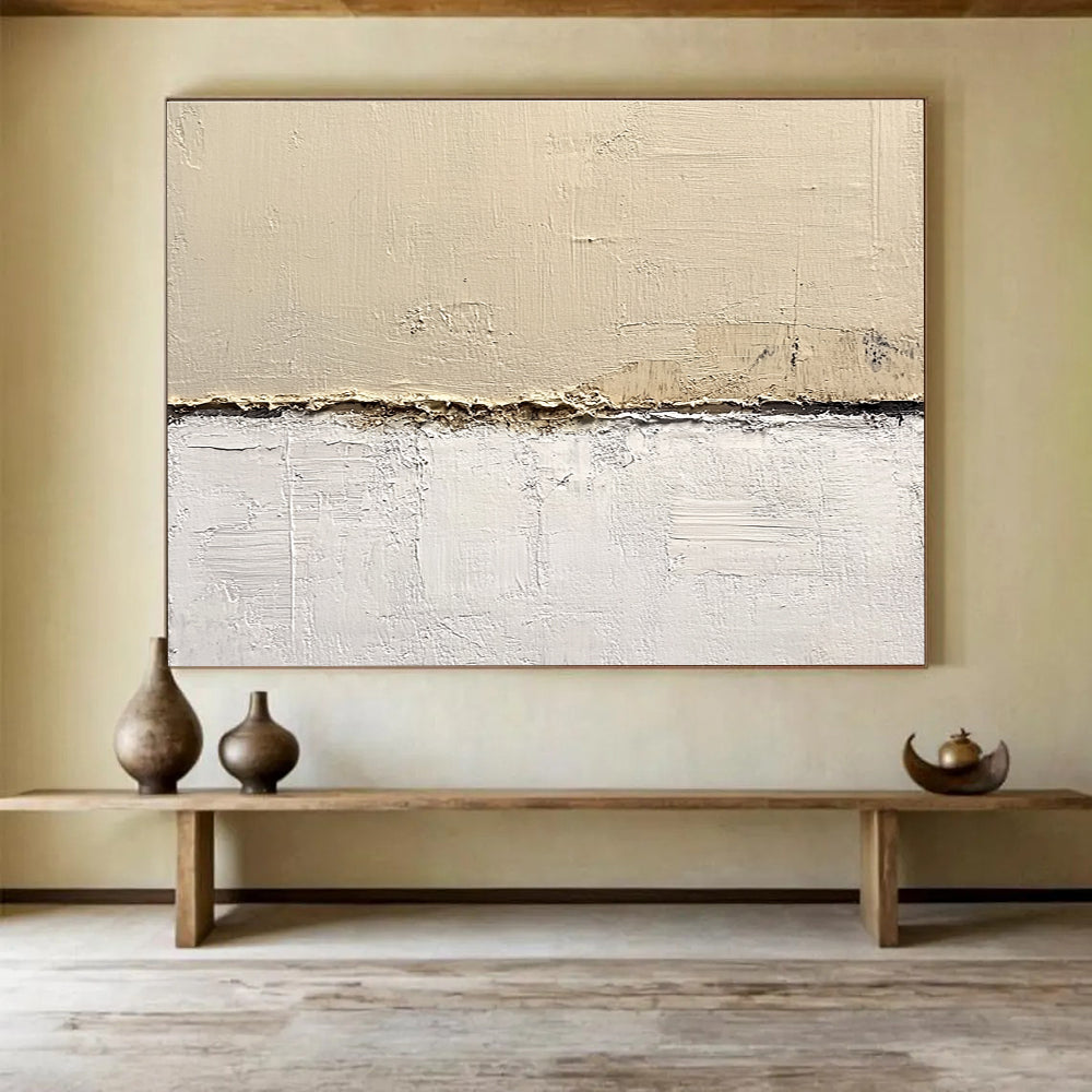 Abstract painting on textured beige wall features neutral tones in a minimalist style executed in oil on canvas with a harmonious color palette.SC181