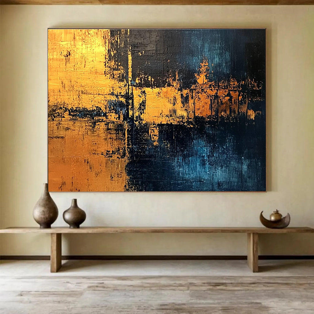 Golden Night Abstract Painting with Blue and Gold Tones DYP529