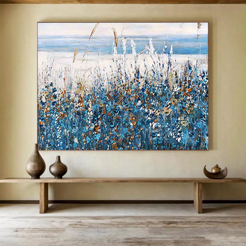 Seaside Wildflower Abstract Painting with Blue, White, and Orange Hues THY203