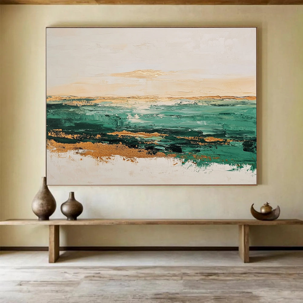 Green and Gold Coastal Abstract Painting with Textured Seascape DYP240