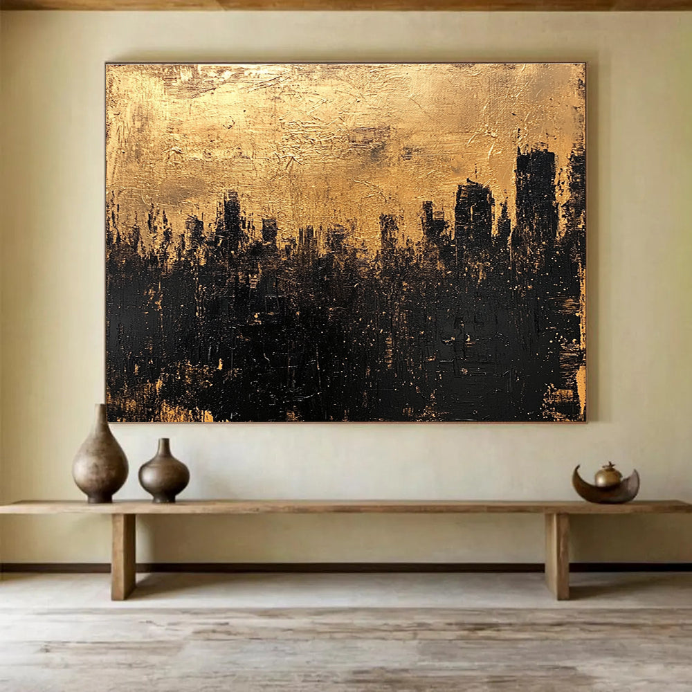 Gold and Black Cityscape Abstract Painting with Textured Layers DYP302