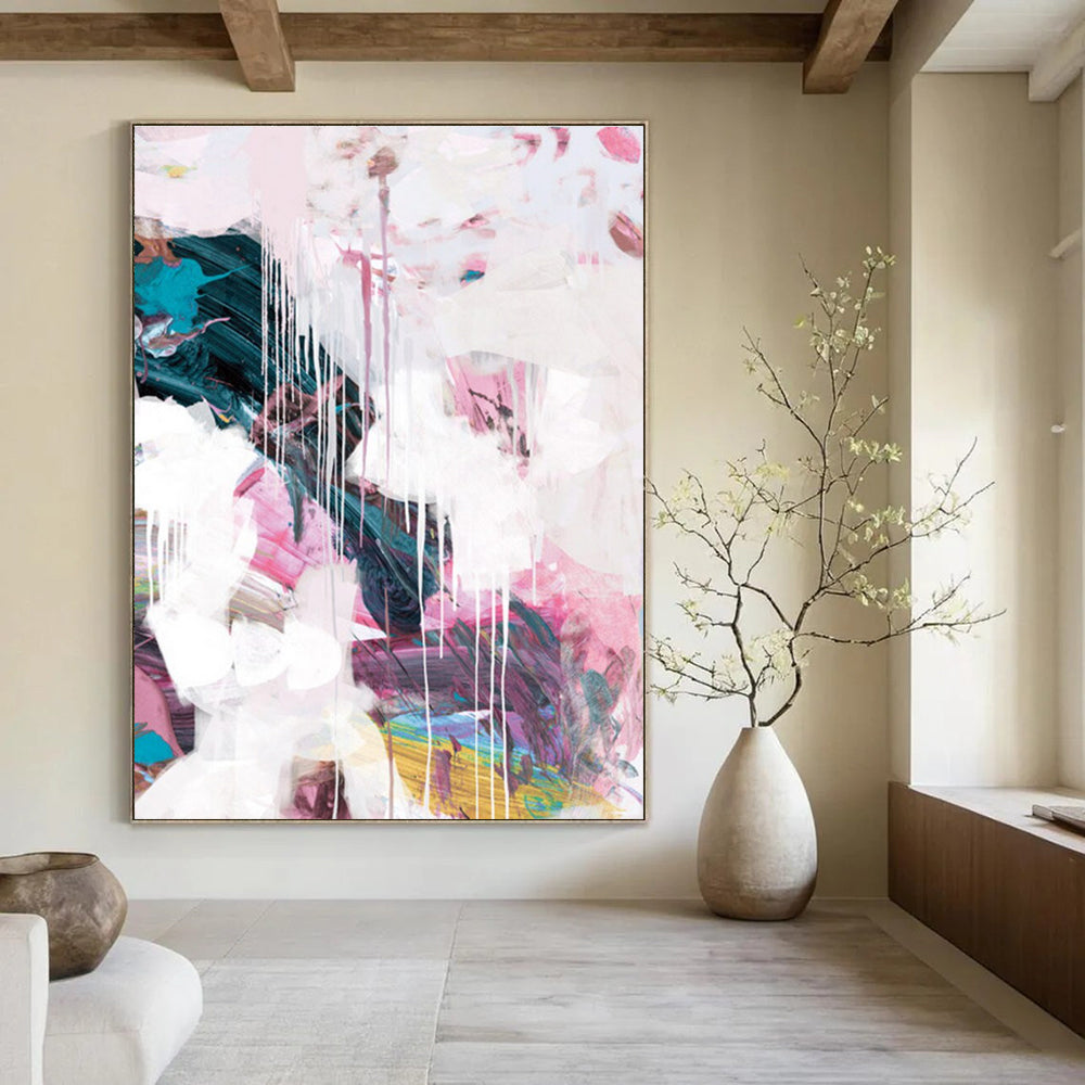 Pink and White Dripping Abstract with Soft Tones Painting ADGE192